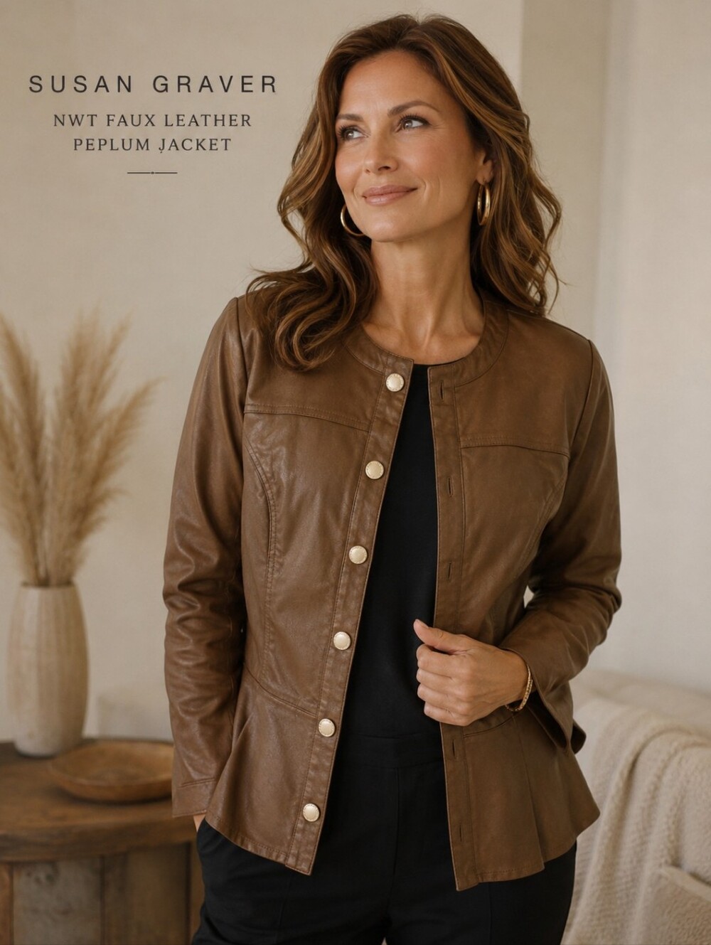 Susan Graver Faux Leather Peplum Jacket Cognac Brown Gold Button Stretch Large